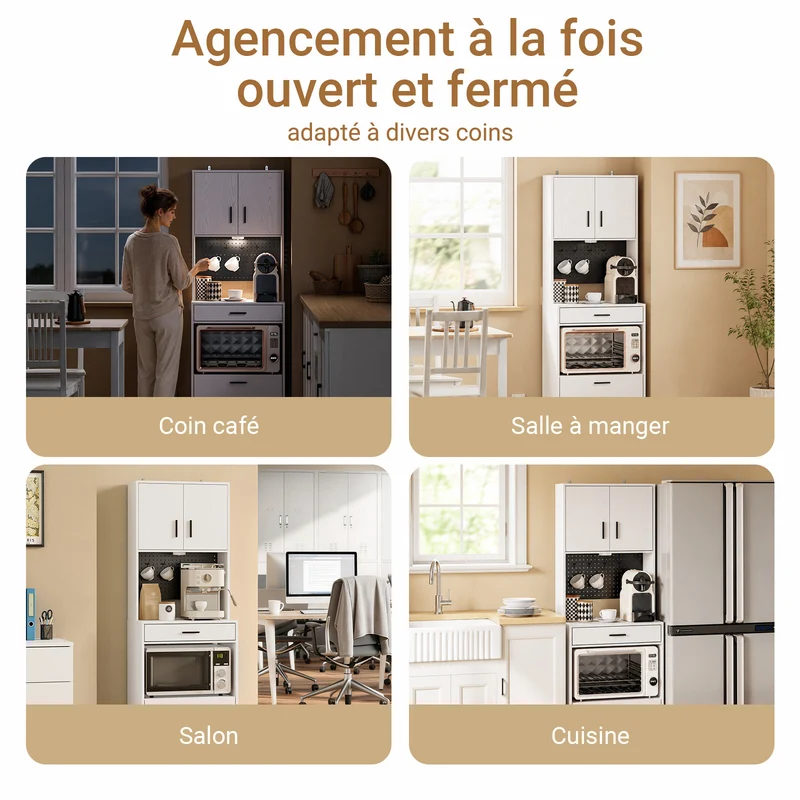 SoBuy FSB98-E-WG Buffet de Cuisine 170 cm avec Prise Intégrée – 2 Prises + 2 USB, Lampe LED, Niche Micro-Ondes, Charge 75 kg, Blanc et Bois