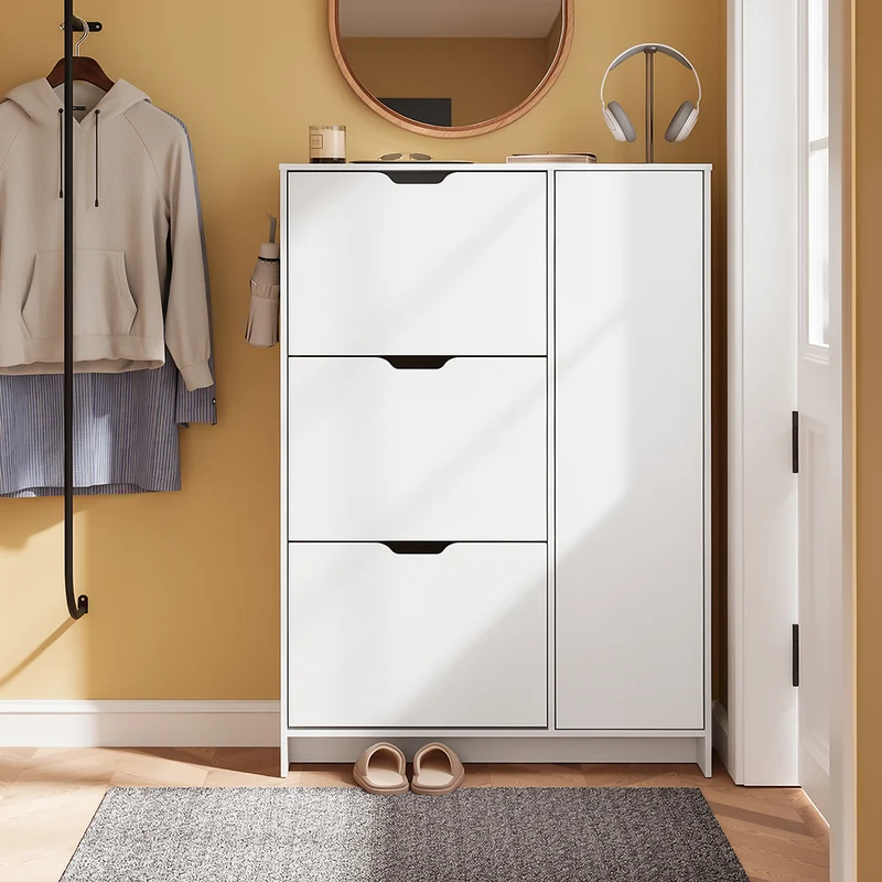 SoBuy FSR220-W Armoire à Chaussures Slim 24 cm – 4 Abattants, 12 Paires, Rangements Latéraux, Crochets, Style Nordique, Blanc