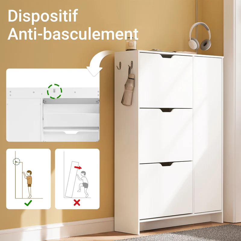 SoBuy FSR220-W Armoire à Chaussures Slim 24 cm – 4 Abattants, 12 Paires, Rangements Latéraux, Crochets, Style Nordique, Blanc