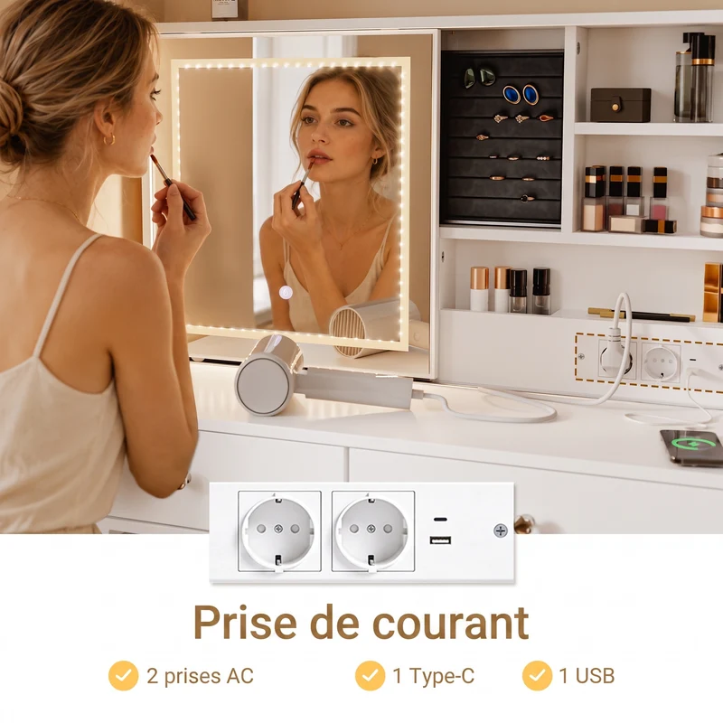 SoBuy FWT114-E-W Coiffeuse Blanche avec Miroir LED, USB-C et 5 Tiroirs – 120 cm