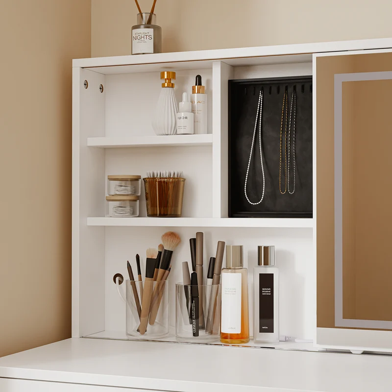 SoBuy FWT114-E-W Coiffeuse Blanche avec Miroir LED, USB-C et 5 Tiroirs – 120 cm