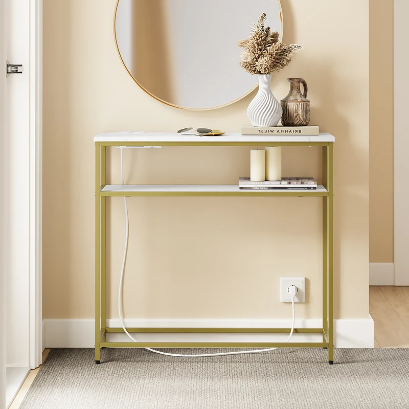 SoBuy FSB106-E-G Console d'Entrée avec Prises Intégrées – USB-A, USB-C, 2 Prises, 2 Étagères, 80 × 30 × 75 cm, Marbre Blanc et Doré