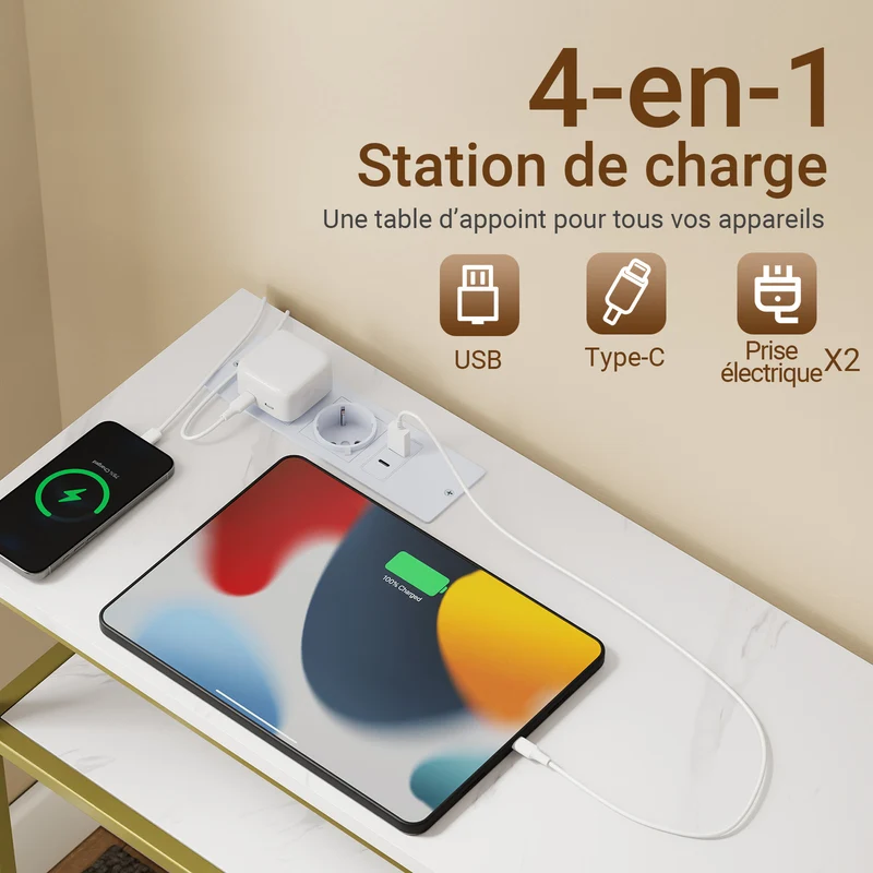 SoBuy FSB106-E-G Console d'Entrée avec Prises Intégrées – USB-A, USB-C, 2 Prises, 2 Étagères, 80 × 30 × 75 cm, Marbre Blanc et Doré