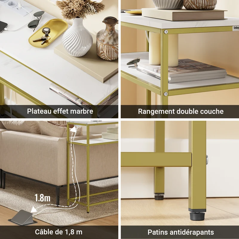 SoBuy FSB106-E-G Console d'Entrée avec Prises Intégrées – USB-A, USB-C, 2 Prises, 2 Étagères, 80 × 30 × 75 cm, Marbre Blanc et Doré