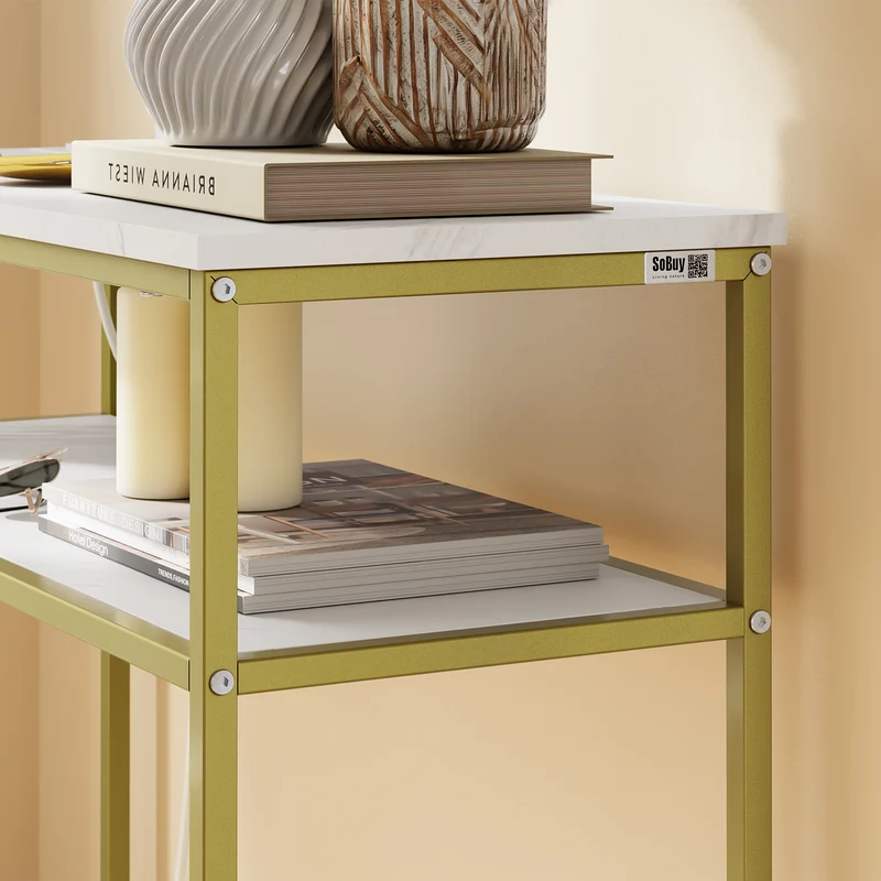 SoBuy FSB106-E-G Console d'Entrée avec Prises Intégrées – USB-A, USB-C, 2 Prises, 2 Étagères, 80 × 30 × 75 cm, Marbre Blanc et Doré