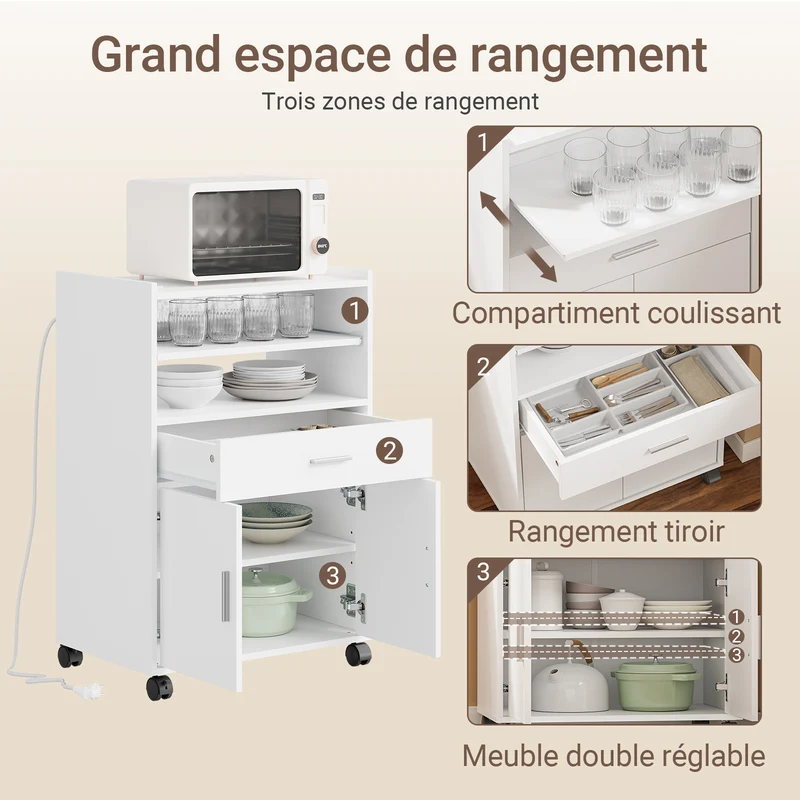 SoBuy FSB09-E-W Desserte de Cuisine avec Station de Charge 4-en-1 – Roulettes ou Pieds, 1 Tiroir, 2 Portes, Étagère Réglable, Blanc, 61,5×40×92 cm