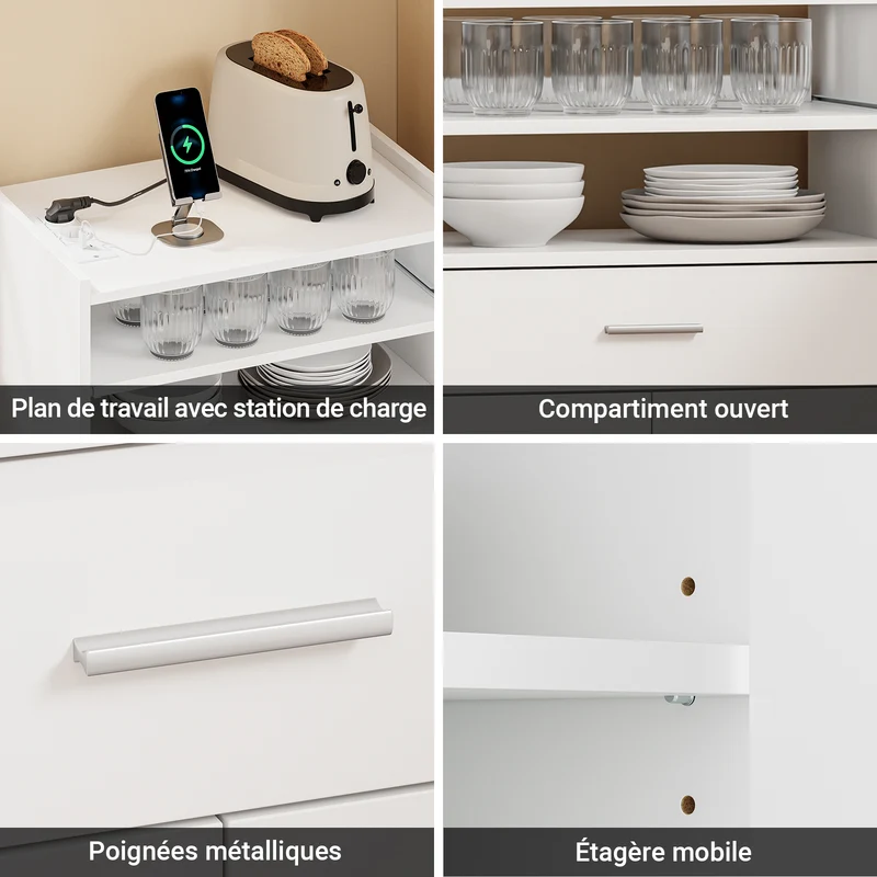 SoBuy FSB09-E-W Desserte de Cuisine avec Station de Charge 4-en-1 – Roulettes ou Pieds, 1 Tiroir, 2 Portes, Étagère Réglable, Blanc, 61,5×40×92 cm