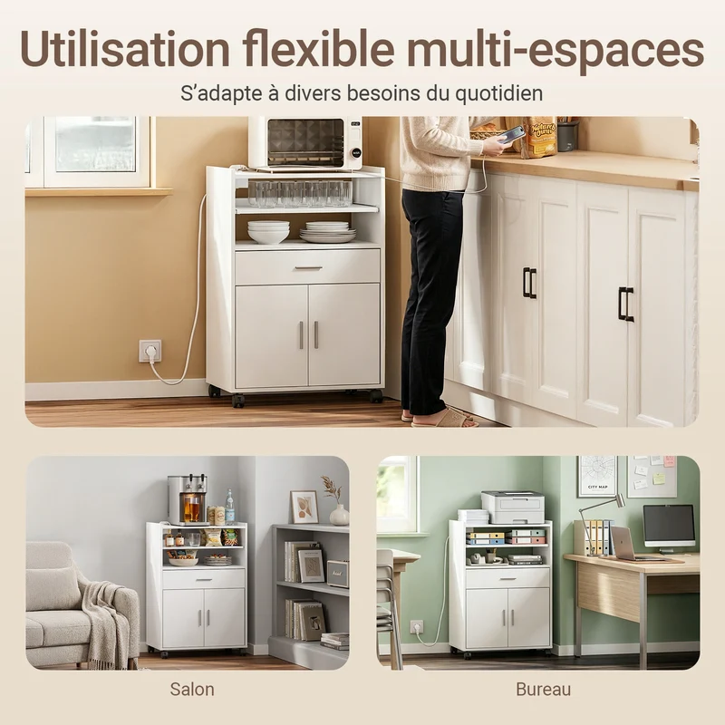 SoBuy FSB09-E-W Desserte de Cuisine avec Station de Charge 4-en-1 – Roulettes ou Pieds, 1 Tiroir, 2 Portes, Étagère Réglable, Blanc, 61,5×40×92 cm