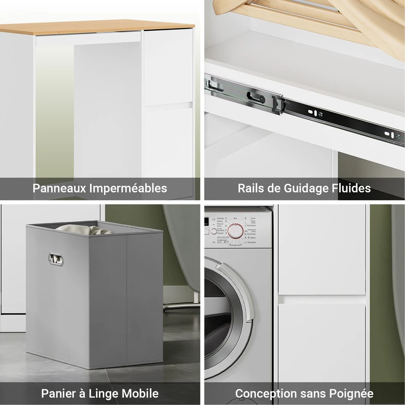 SoBuy BZR223-WN Meuble au-dessus du Lave-Linge 100×60×95 cm – Étendoir Coulissant, Panier à Linge, Sans Panneau Arrière, Blanc et Naturel