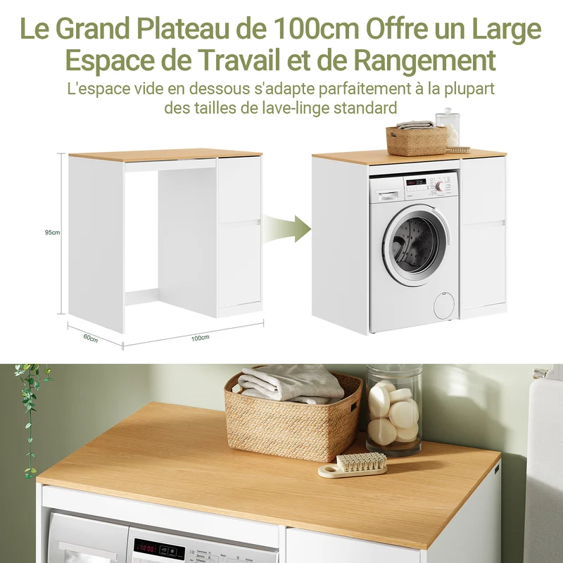 SoBuy BZR223-WN Meuble au-dessus du Lave-Linge 100×60×95 cm – Étendoir Coulissant, Panier à Linge, Sans Panneau Arrière, Blanc et Naturel