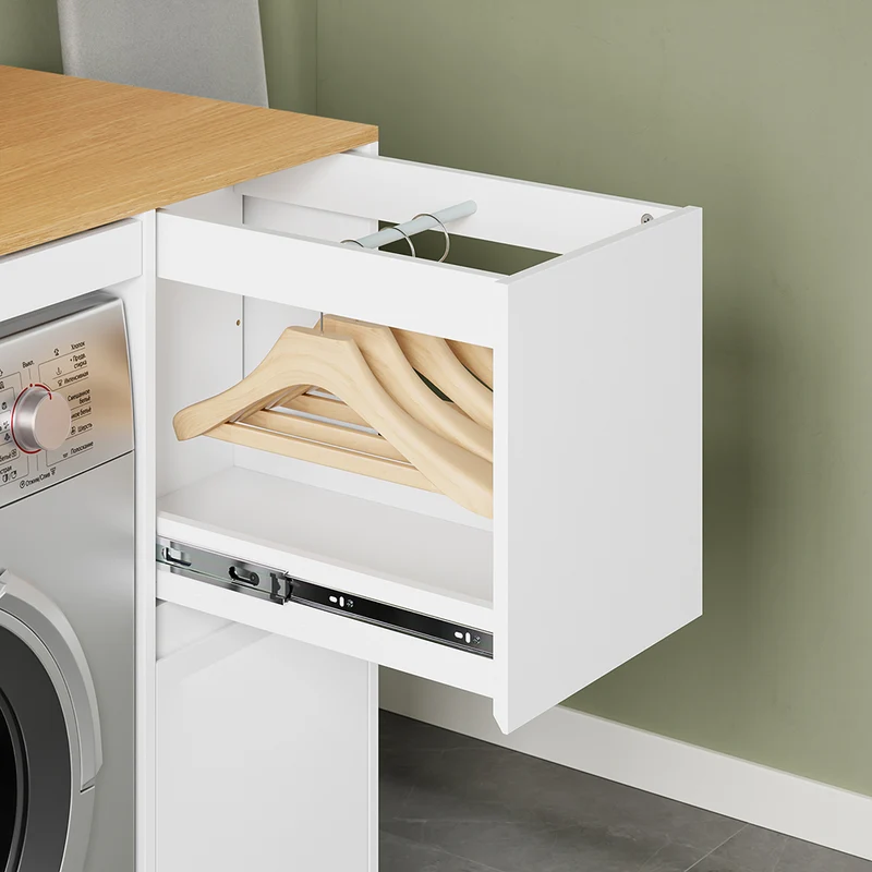 SoBuy BZR223-WN Meuble au-dessus du Lave-Linge 100×60×95 cm – Étendoir Coulissant, Panier à Linge, Sans Panneau Arrière, Blanc et Naturel