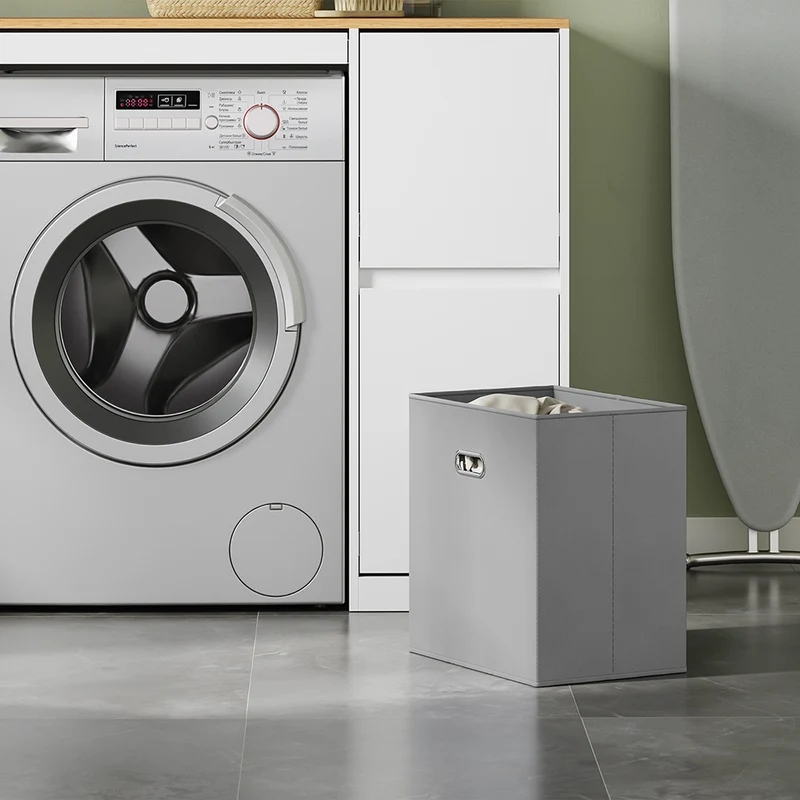 SoBuy BZR223-WN Meuble au-dessus du Lave-Linge 100×60×95 cm – Étendoir Coulissant, Panier à Linge, Sans Panneau Arrière, Blanc et Naturel