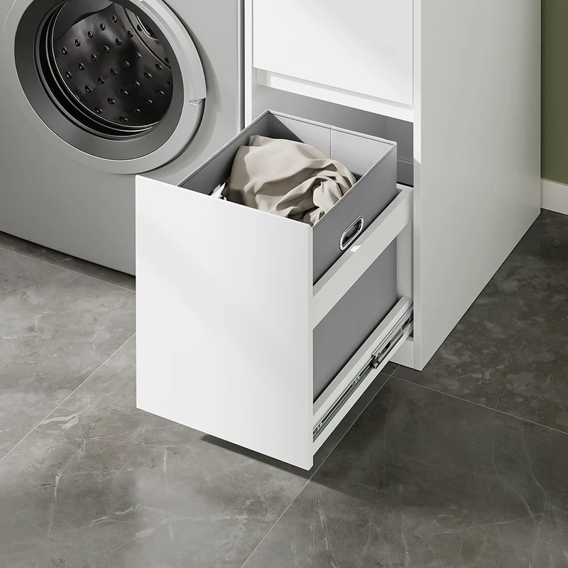 SoBuy BZR223-WN Meuble au-dessus du Lave-Linge 100×60×95 cm – Étendoir Coulissant, Panier à Linge, Sans Panneau Arrière, Blanc et Naturel