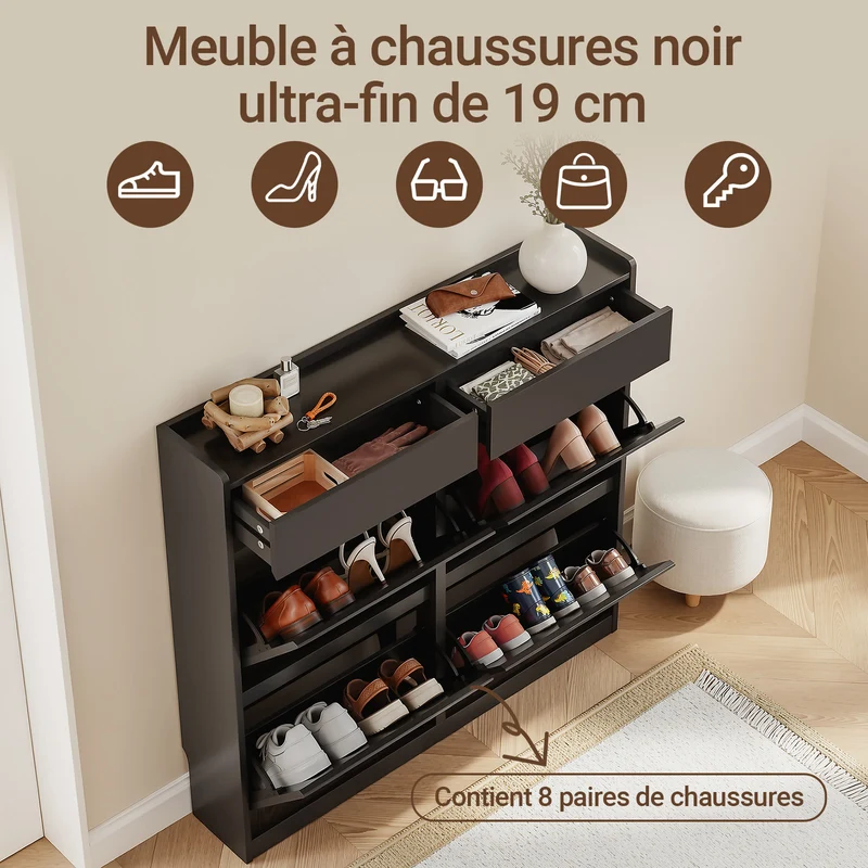 SoBuy FSR169-SCH Meuble à Chaussures Ultra-Slim 19 cm à Abattants – Rangement Discret – Noir