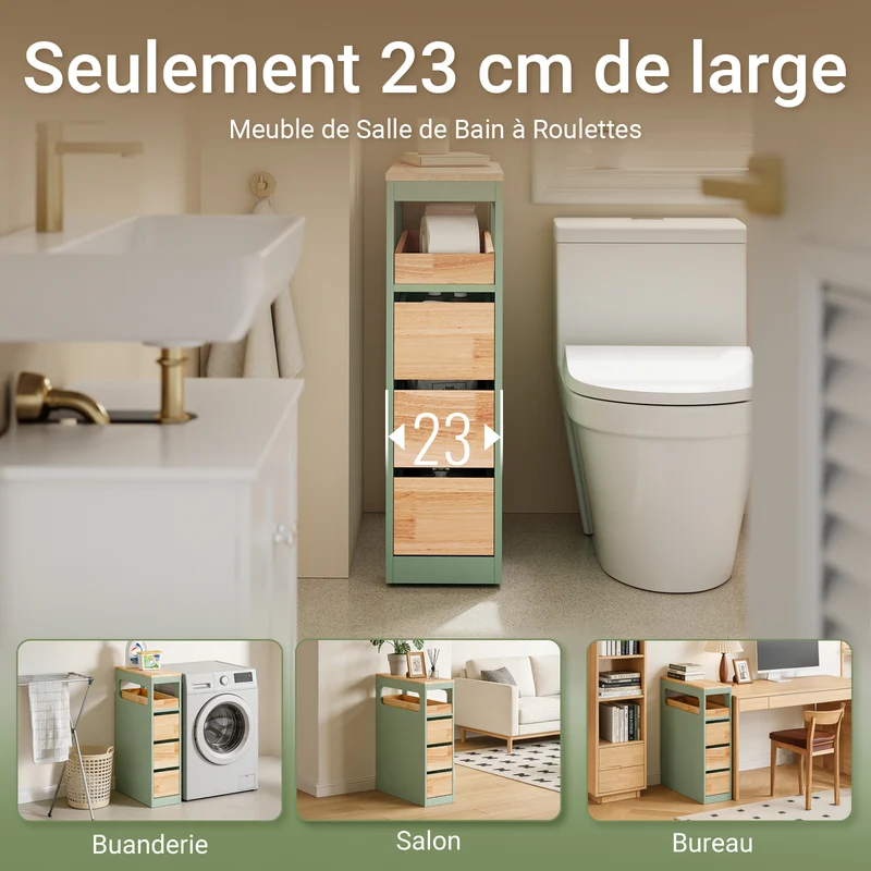 SoBuy BZR54-II-GR Meuble Salle de Bain à Roulettes, 3 Tiroirs et Niche Ouverte, Slim 23cm, Charge 40kg – 65x23x82 cm