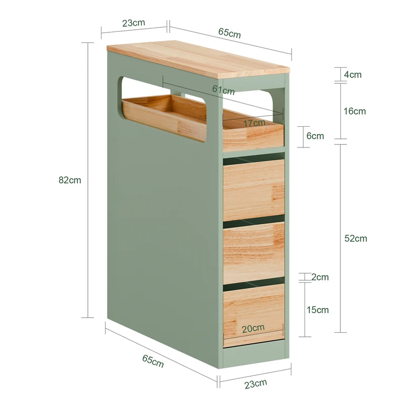 SoBuy BZR54-II-GR Meuble Salle de Bain à Roulettes, 3 Tiroirs et Niche Ouverte, Slim 23cm, Charge 40kg – 65x23x82 cm