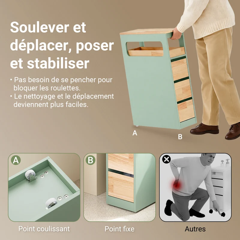 SoBuy BZR54-II-GR Meuble Salle de Bain à Roulettes, 3 Tiroirs et Niche Ouverte, Slim 23cm, Charge 40kg – 65x23x82 cm