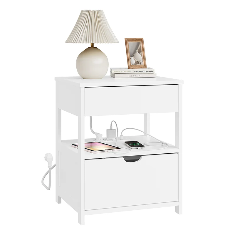 sebuyfr.comG258-II-E-W Table de Chevet avec Station de Charge 4-en-1, 2 Tiroirs et Étagère – Blanc, 45×38×55,5 cm