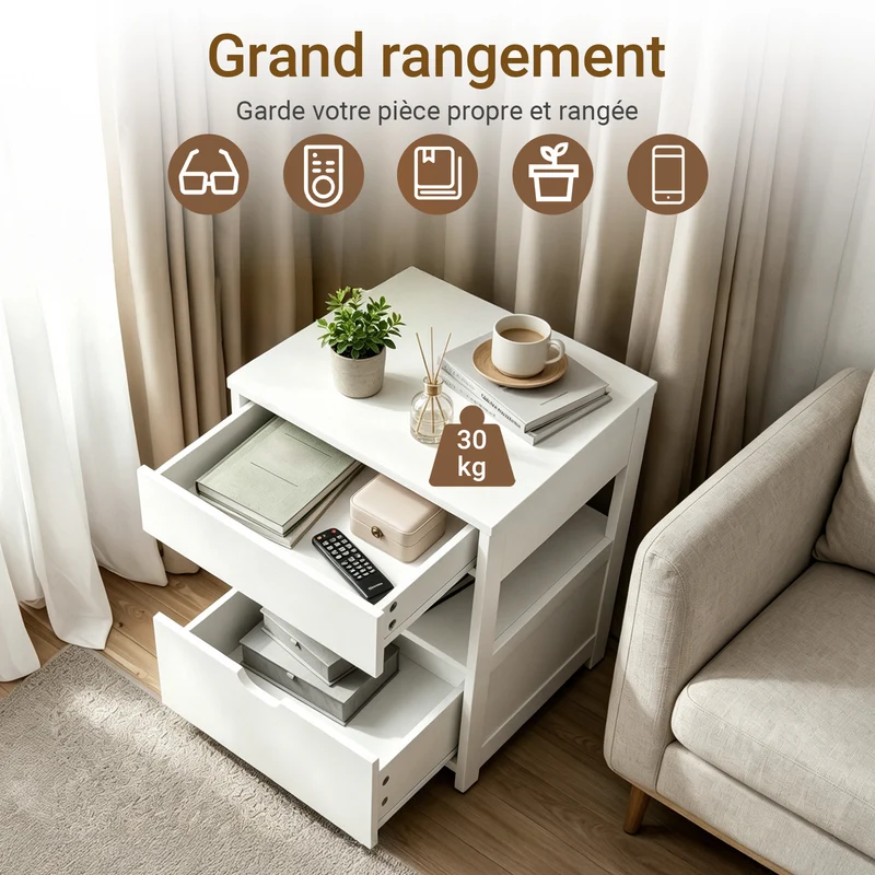 sebuyfr.comG258-II-E-W Table de Chevet avec Station de Charge 4-en-1, 2 Tiroirs et Étagère – Blanc, 45×38×55,5 cm