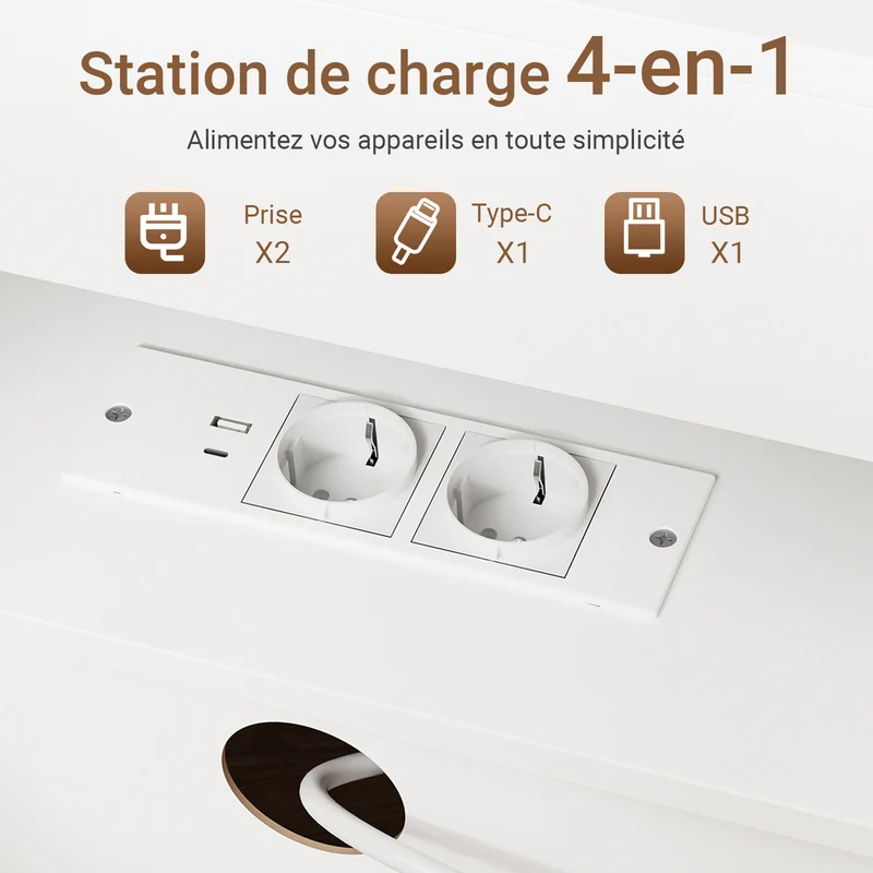 sebuyfr.comG258-II-E-W Table de Chevet avec Station de Charge 4-en-1, 2 Tiroirs et Étagère – Blanc, 45×38×55,5 cm