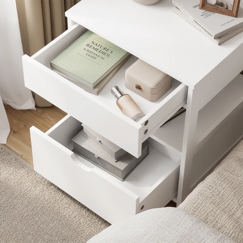sebuyfr.comG258-II-E-W Table de Chevet avec Station de Charge 4-en-1, 2 Tiroirs et Étagère – Blanc, 45×38×55,5 cm