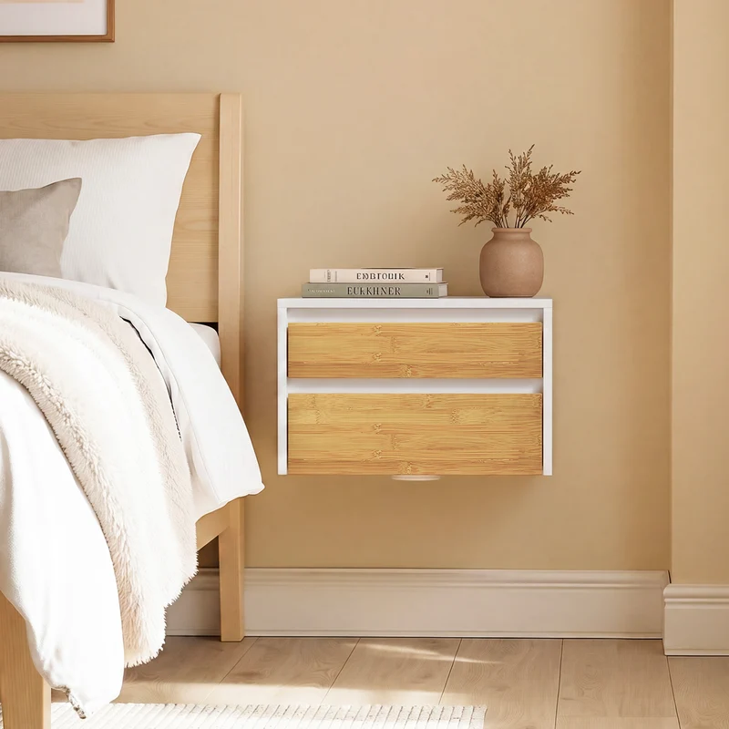SoBuy FBT175-E-WN Table de Chevet Murale avec LED à Détection de Mouvement, 2 Tiroirs Push – Blanc/Naturel, 40×29,8×25,6 cm