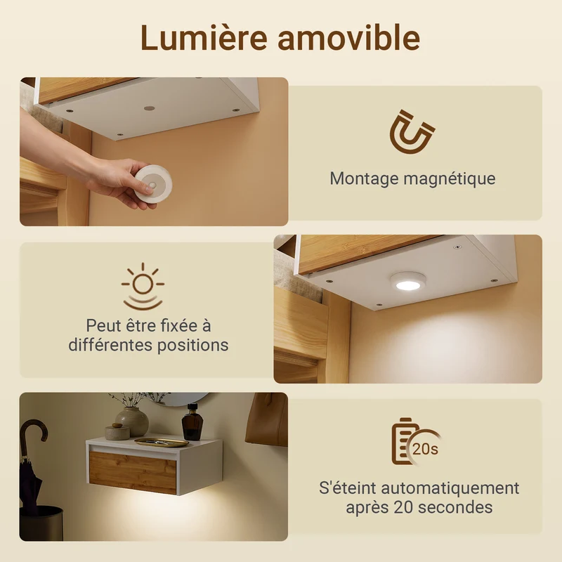 SoBuy FBT174-E-WN Table de Chevet Murale avec Lampe LED à Détection de Mouvement, 2 Tiroirs – Flottante, Blanc Naturel, 40×29,8×15,6 cm