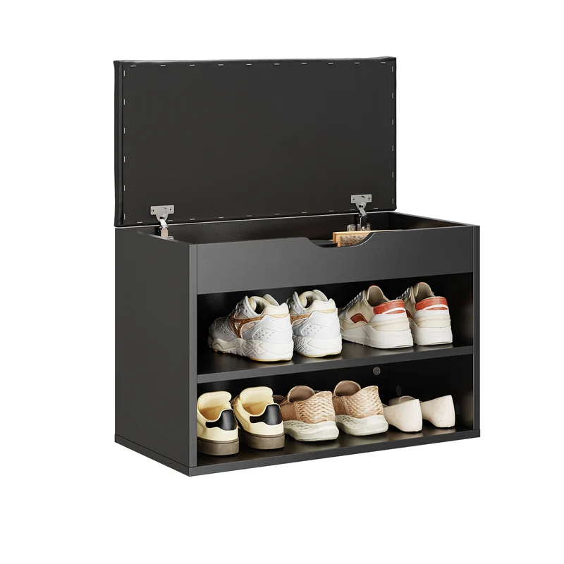 SoBuy FSR25-SCH Banc à Chaussures 3-en-1 avec Assise Rembourrée, Rangement Caché sous Rabat et 2 Étagères Ouvertes, Charge 113 kg – Noir, 60×30×43 cm