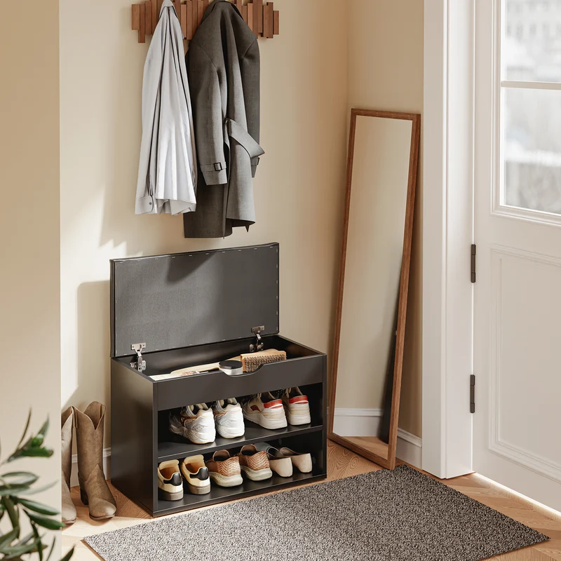 SoBuy FSR25-SCH Banc à Chaussures 3-en-1 avec Assise Rembourrée, Rangement Caché sous Rabat et 2 Étagères Ouvertes, Charge 113 kg – Noir, 60×30×43 cm