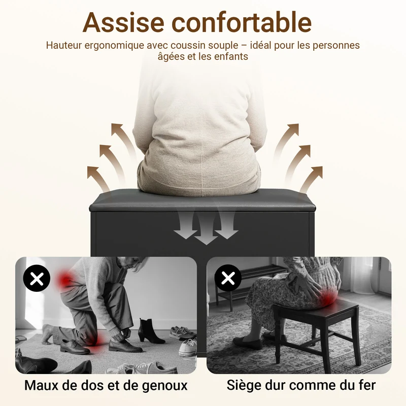 SoBuy FSR25-SCH Banc à Chaussures 3-en-1 avec Assise Rembourrée, Rangement Caché sous Rabat et 2 Étagères Ouvertes, Charge 113 kg – Noir, 60×30×43 cm
