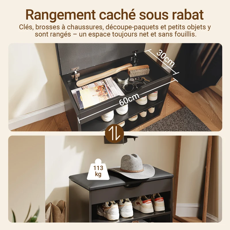 SoBuy FSR25-SCH Banc à Chaussures 3-en-1 avec Assise Rembourrée, Rangement Caché sous Rabat et 2 Étagères Ouvertes, Charge 113 kg – Noir, 60×30×43 cm