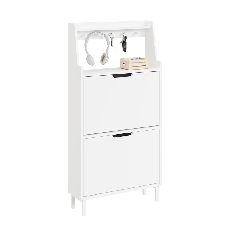 SoBuy FSR221-W Meuble à Chaussures Multifonction Étroit 19 cm, 2 Abattants 6 Paires jusqu’à EU 47, Crochets, Tablette et Socle Surélevé 10 cm – Blanc, 60×19×119 cm