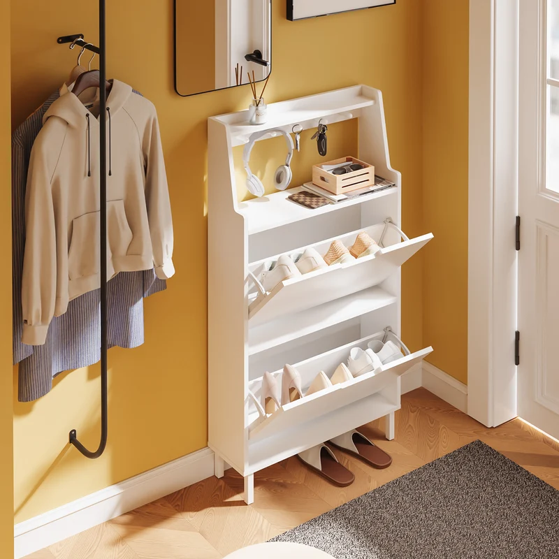 SoBuy FSR221-W Meuble à Chaussures Multifonction Étroit 19 cm, 2 Abattants 6 Paires jusqu’à EU 47, Crochets, Tablette et Socle Surélevé 10 cm – Blanc, 60×19×119 cm