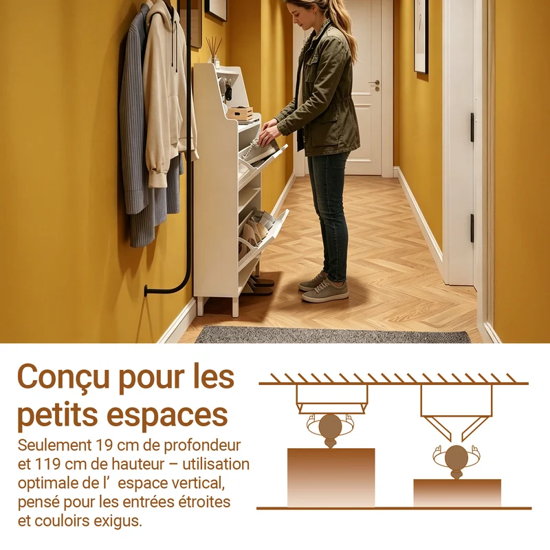 SoBuy FSR221-W Meuble à Chaussures Multifonction Étroit 19 cm, 2 Abattants 6 Paires jusqu’à EU 47, Crochets, Tablette et Socle Surélevé 10 cm – Blanc, 60×19×119 cm