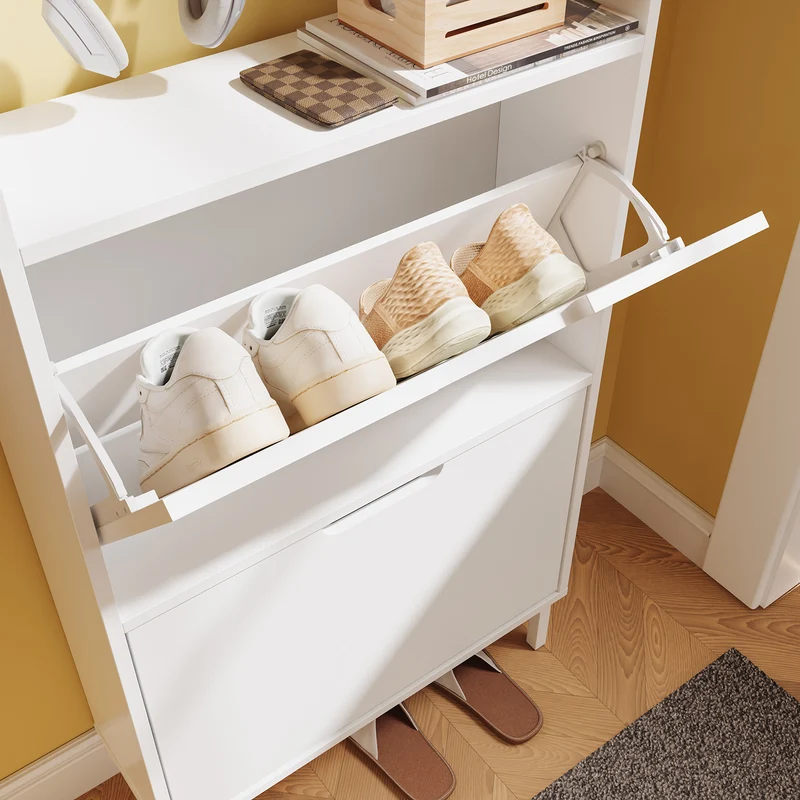 SoBuy FSR221-W Meuble à Chaussures Multifonction Étroit 19 cm, 2 Abattants 6 Paires jusqu’à EU 47, Crochets, Tablette et Socle Surélevé 10 cm – Blanc, 60×19×119 cm