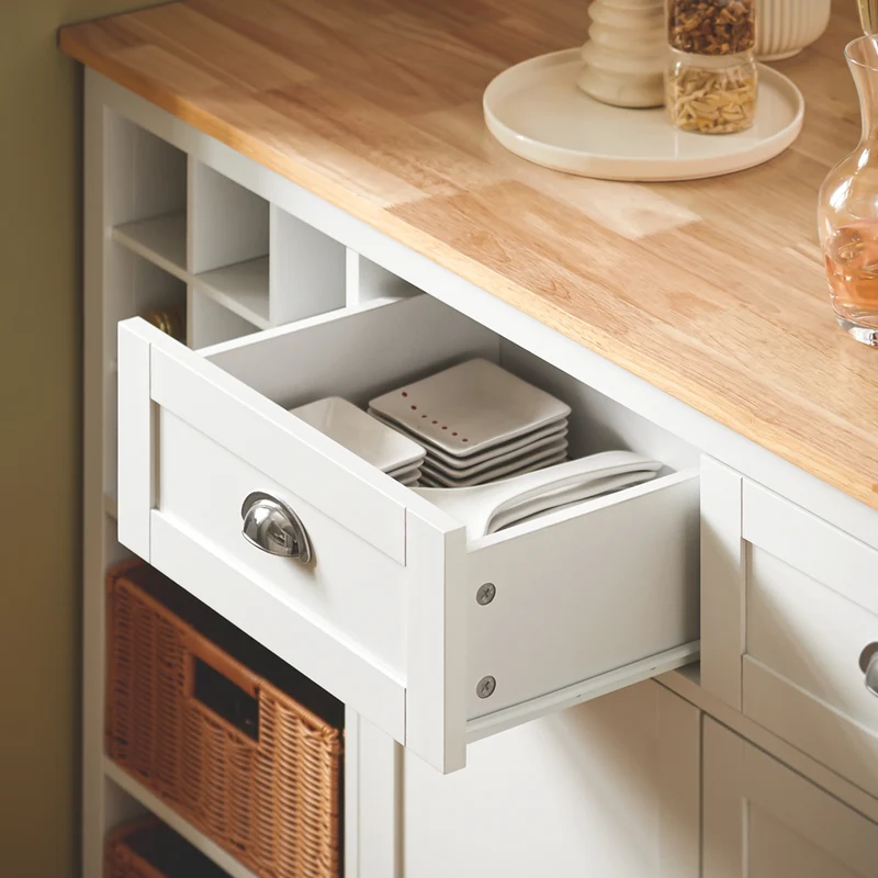 SoBuy KNL05-W Îlot de Cuisine 120 cm – Meuble Îlot Central avec Casier à Vin, 2 Tiroirs et Bois Hévéa – Blanc