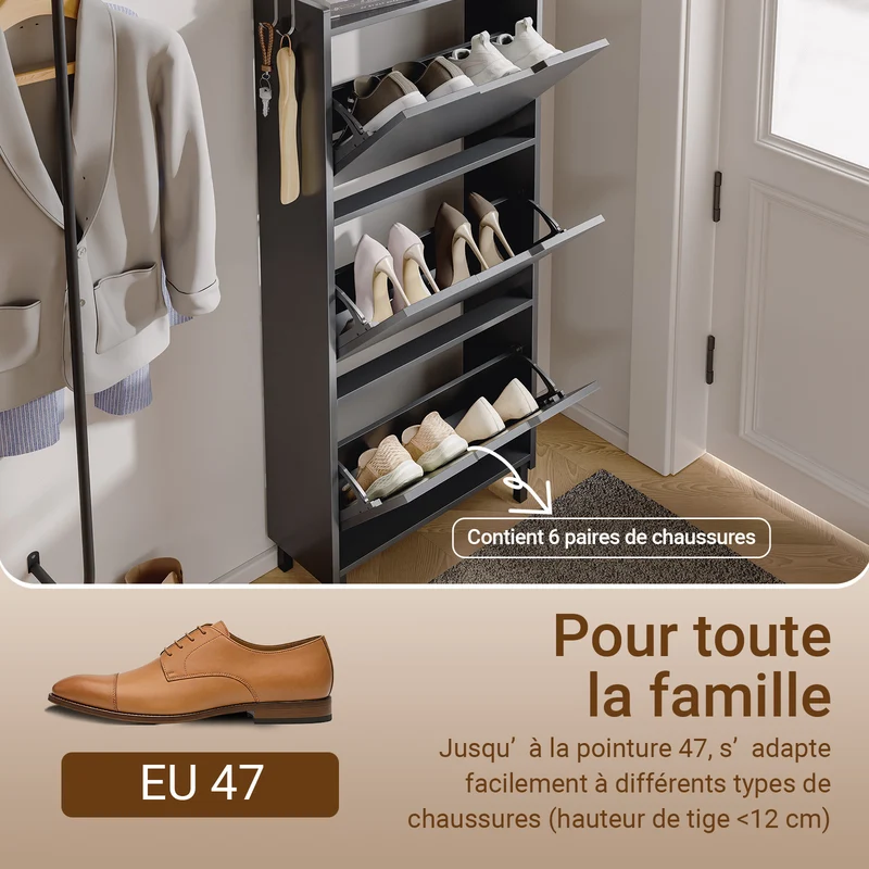 SoBuy FSR151-H-E-SCH Armoire à Chaussures Ultra-Slim 19 cm – 3 Abattants, Noir Mat avec LED