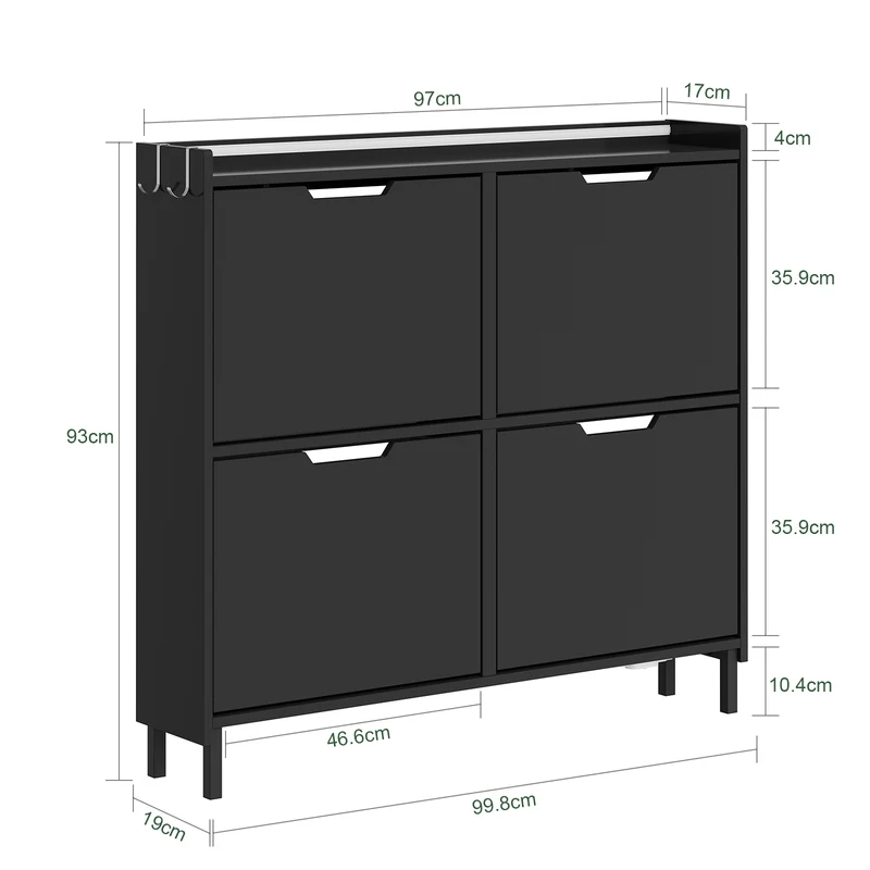SoBuy FSR100-E-SCH Meuble à Chaussures Ultra-Slim 19 cm avec LED – 4 Abattants, 8-12 Paires – Noir