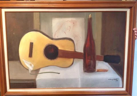 Still life with guitar and bottle