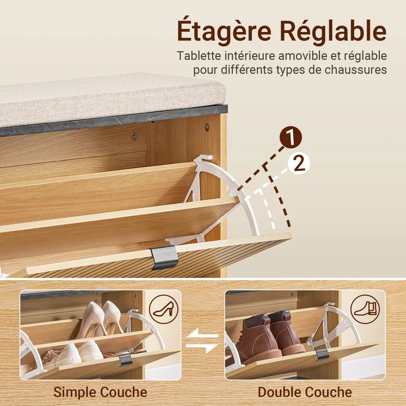 SoBuy FSR201-N Banc d’entrée avec assise rembourrée et rangement chaussures 24 cm – Abattant jusqu’au 47, style industriel noir et bois