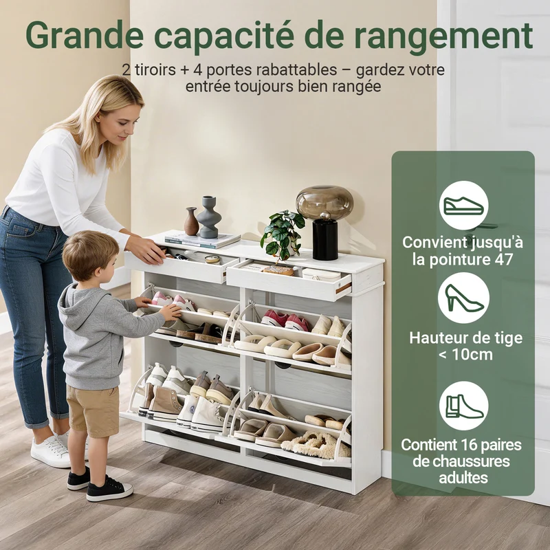 SoBuy FSR79-WG + FSR94-WG Lot de 2 Meubles à Chaussures Slim 28 Paires – Entrée Familiale XXL – Effet Bois Blanc Certifié FSC®