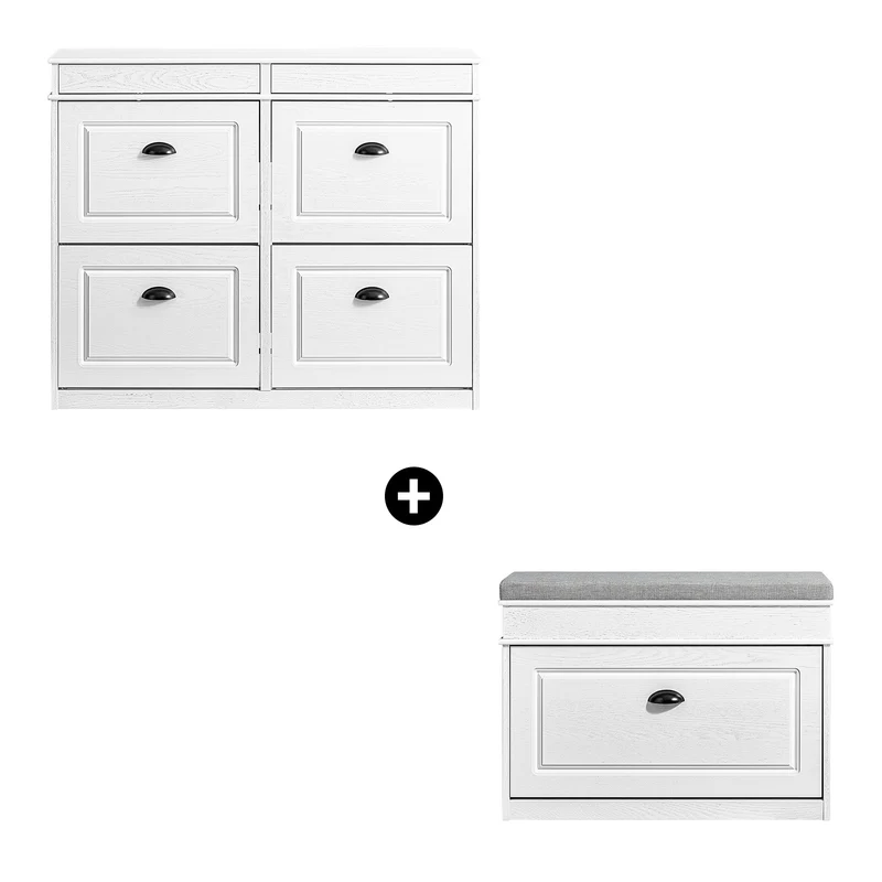 SoBuy FSR79-WG + FSR82-L-WG Ensemble Armoire à Chaussures 4 Abattants et Coffre avec Coussin, Rangement 20 Paires – Effet Bois Vieilli Blanc