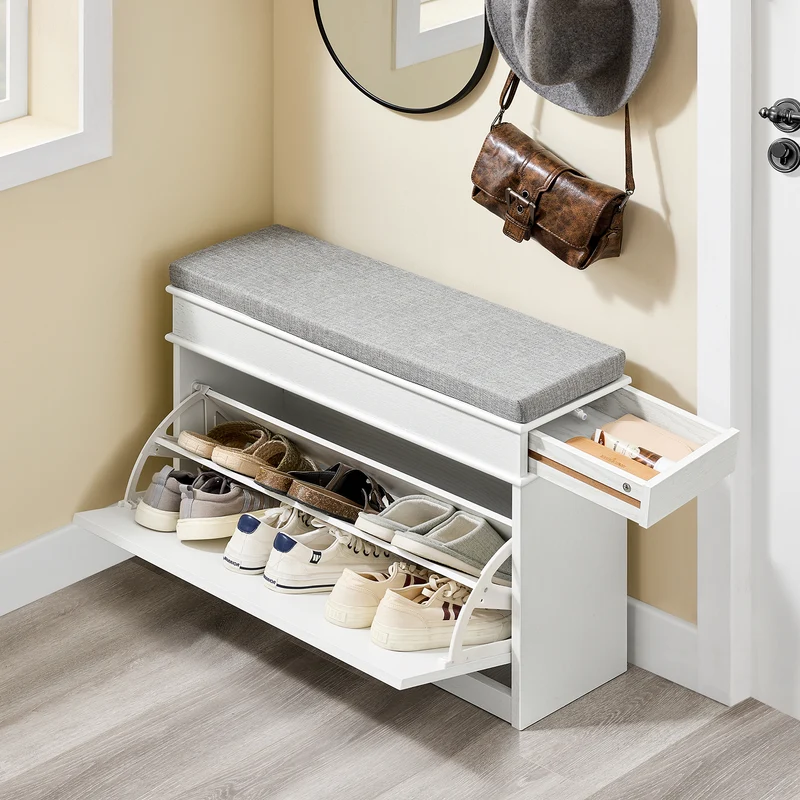 SoBuy FSR64-WG + FSR82-L-WG Ensemble Double Coffre à Chaussures avec Coussin, Rangement Abattant, Gain de Place – Effet Bois Vieilli Blanc