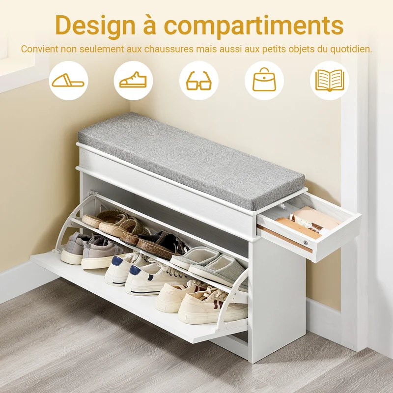 SoBuy FSR82-L-WG Banc à Chaussures Coffre Gain de Place – Coussin et Tiroir Push-to-Open