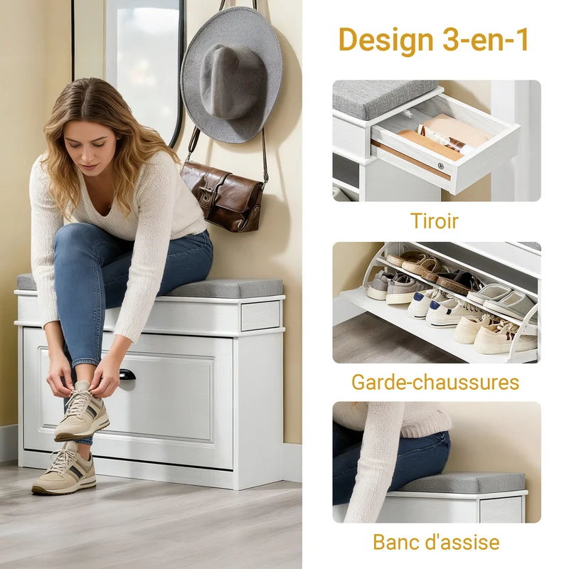 SoBuy FSR82-L-WG Banc à Chaussures Coffre Gain de Place – Coussin et Tiroir Push-to-Open