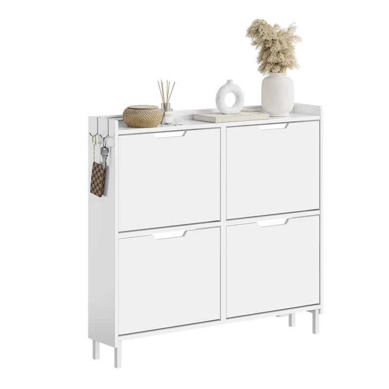 SoBuy FSR100-E-W Meuble Chaussures Entrée avec LED Détection Automatique – Ultra-Slim 19 cm, Crochets, Fixation Murale ou Sol, 8-12 Paires, Blanc
