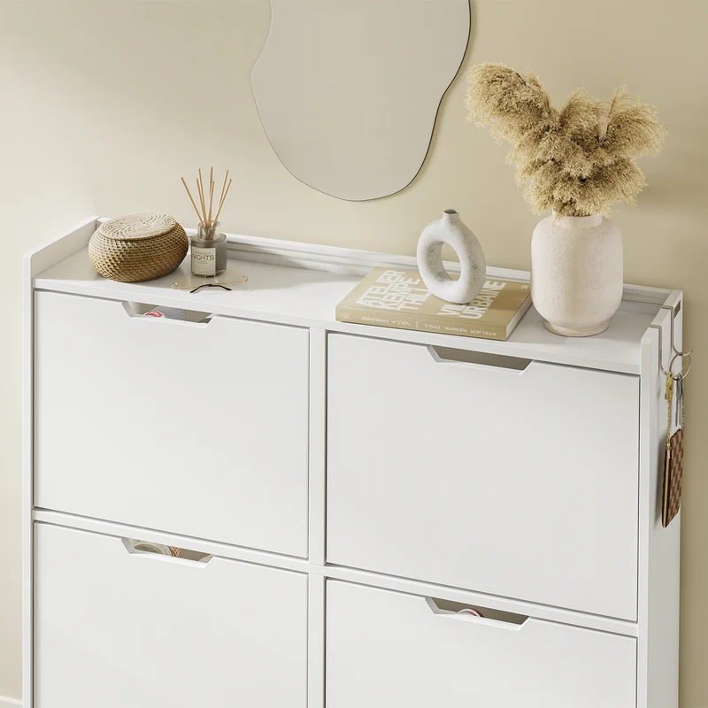 SoBuy FSR100-E-W Meuble Chaussures Entrée avec LED Détection Automatique – Ultra-Slim 19 cm, Crochets, Fixation Murale ou Sol, 8-12 Paires, Blanc
