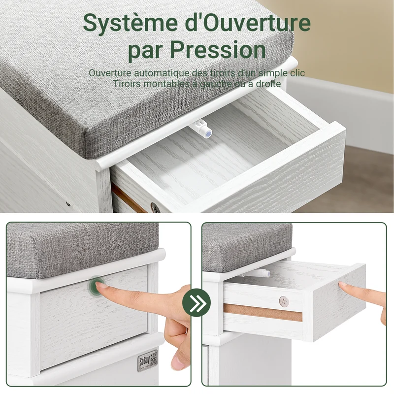 SoBuy FSR64-WG + FSR82-K-WG Ensemble Double Coffre à Chaussures avec Coussin, Rangement Abattant, Gain de Place – Effet Bois Vieilli Blanc