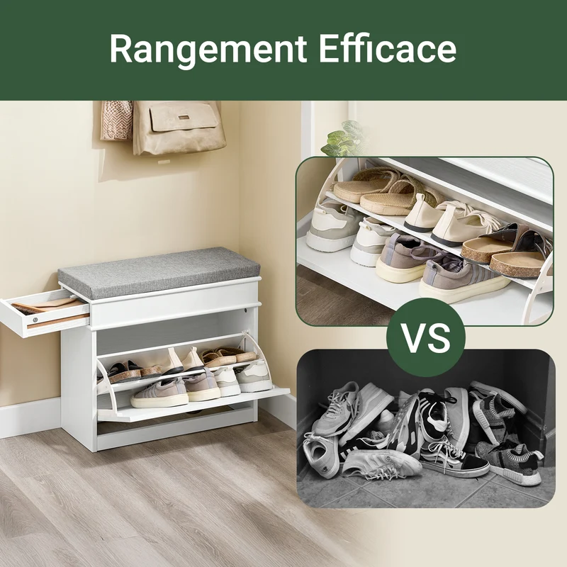 SoBuy FSR64-WG + FSR82-K-WG Ensemble Double Coffre à Chaussures avec Coussin, Rangement Abattant, Gain de Place – Effet Bois Vieilli Blanc
