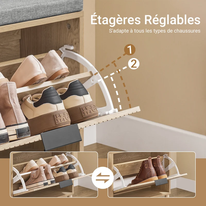 SoBuy FSR199-N Banc à Chaussures avec Abattant et Rangement Caché – Coussin Rembourré – 24 cm – Naturel